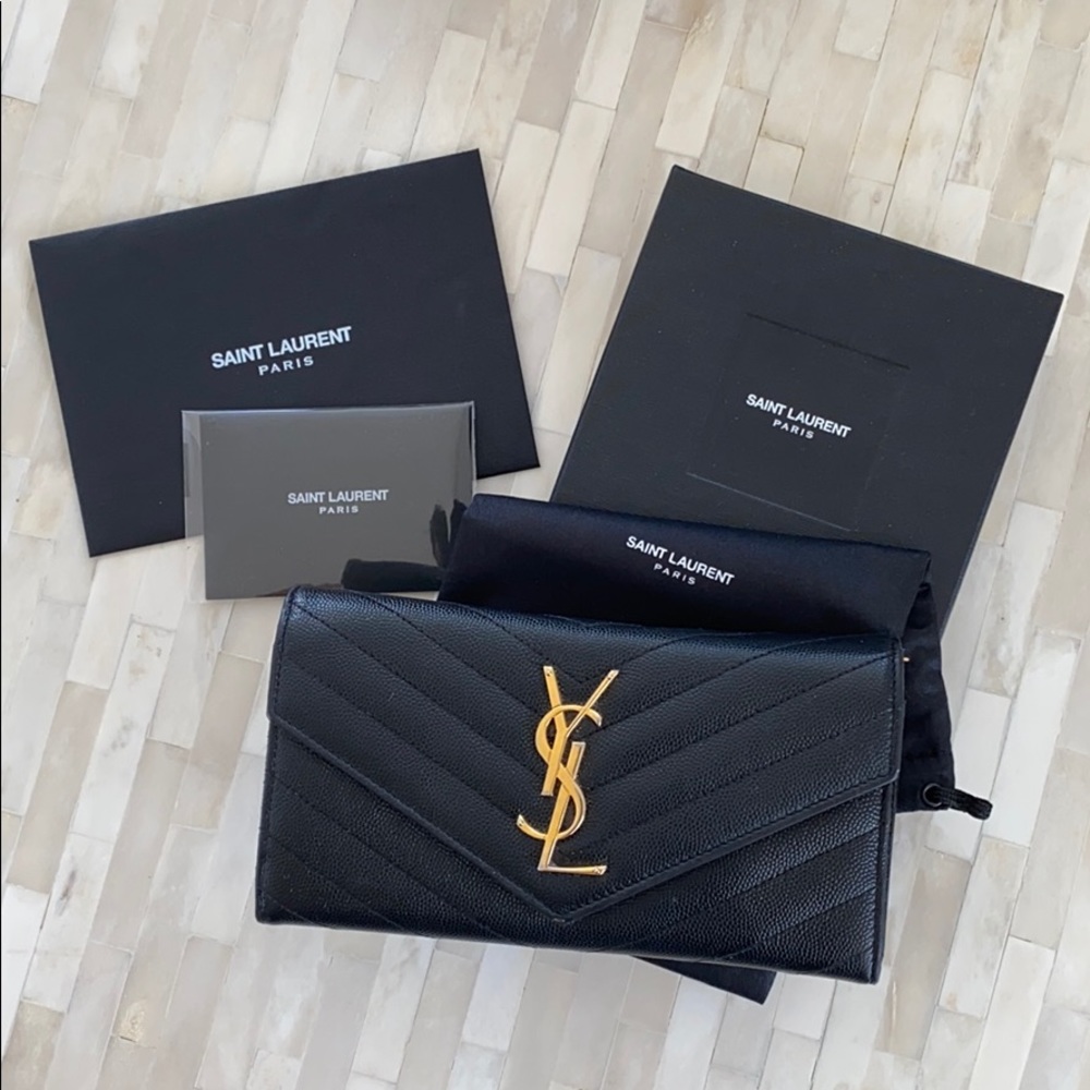 AUTH YSL Yves Saint Laurent Chevron Leather Wallet